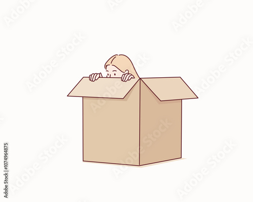 The woman is hiding inside the box. Hand drawn style vector design illustrations.
