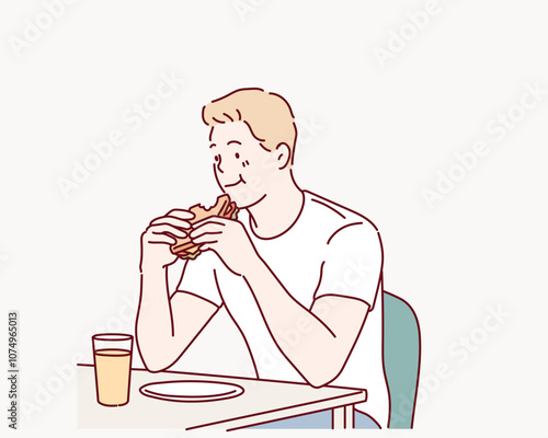 The man is eating a sandwich. Hand drawn style vector design illustrations.