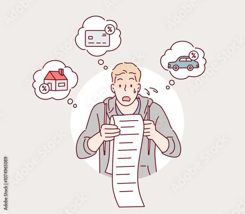 A man is surprised as he looks at the long receipt. Financial crash and bankrupt concept. Hand drawn style vector design illustrations.