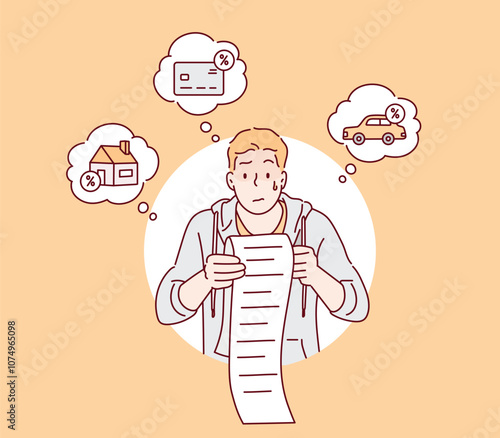 A man is surprised as he looks at the long receipt. Financial crash and bankrupt concept. Hand drawn style vector design illustrations.