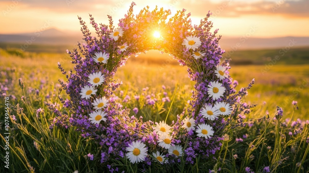Naklejka premium A beautiful lavender and daisy floral wreath surrounded by blooming wildflowers at sunset in a serene meadow