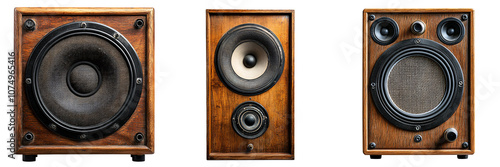 Vintage speaker with wooden casing and textured grill isolated on white and transparent background