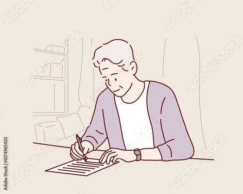 Senior men to study.He is writing on a piece of paper. Hand drawn style vector design illustrations.