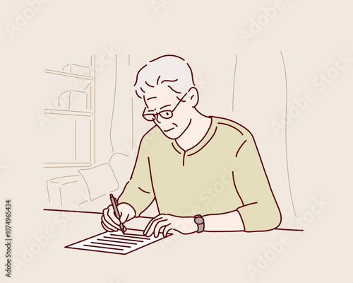 Senior men to study.He is writing on a piece of paper. Hand drawn style vector design illustrations.