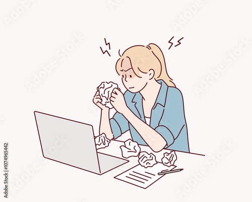 Frustrated businesswoman, Crumpled papers, work problems concept. Hand drawn style vector design illustrations.