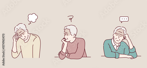 senior mature, unhappy elderly man very sad in deep thought thinking of something that worries him. Hand drawn style vector design illustrations.