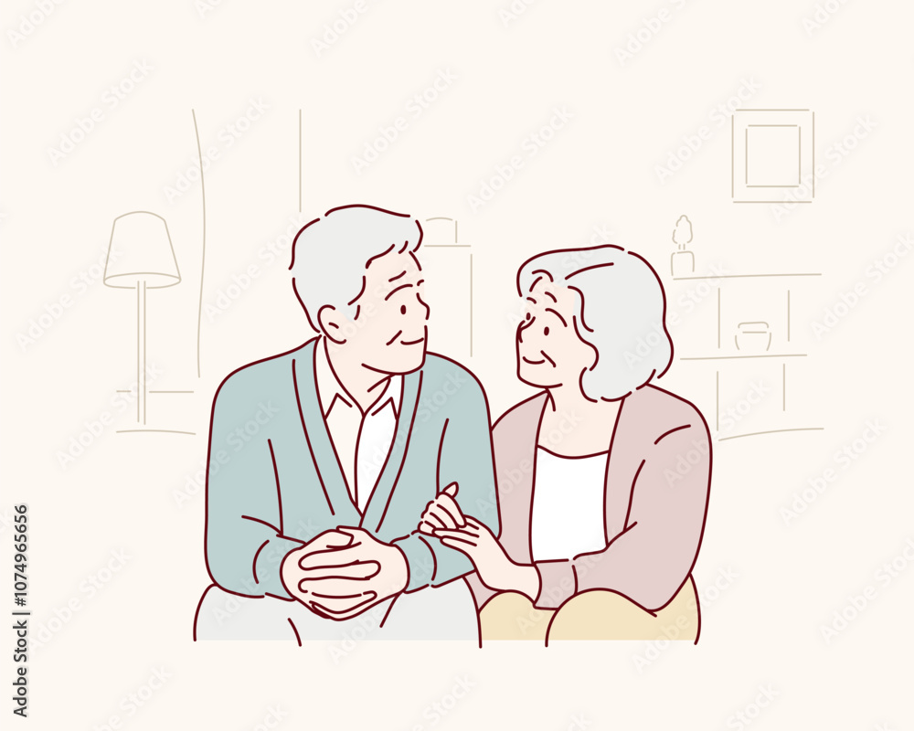 Positive middle aged man and woman in casual clothes while spending romantic time together in living room at home. Hand drawn style vector design illustrations. Positive middle aged man and woman in casual clothes while spending romantic time together in living room at home. Hand drawn style vector design illustrations.