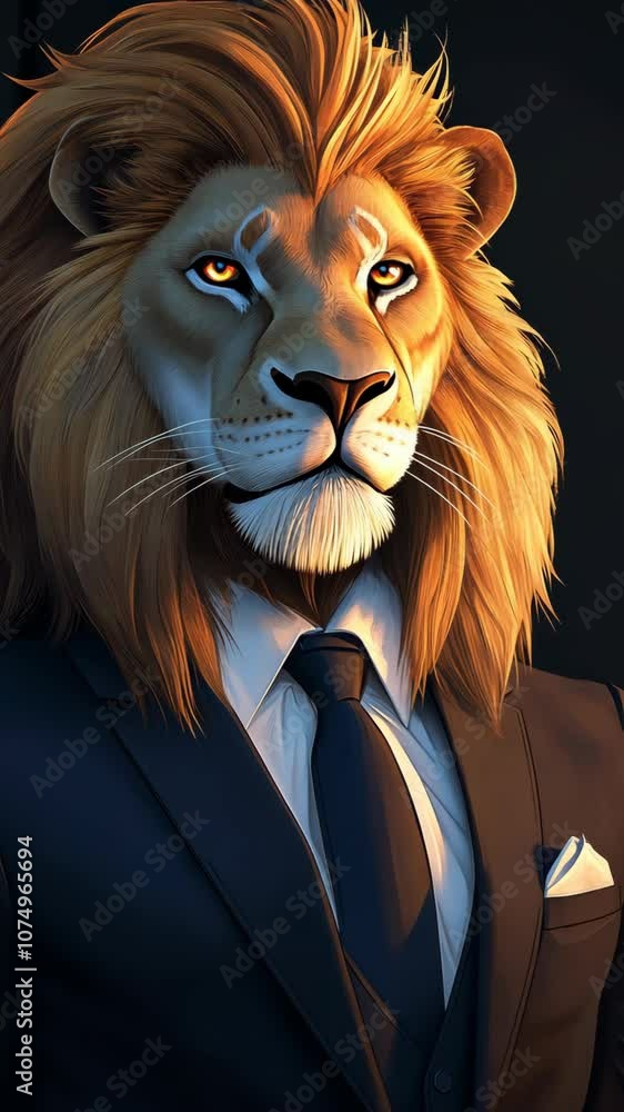 A lion in a suit looks directly at the camera A lion in a suit looks directly at the camera