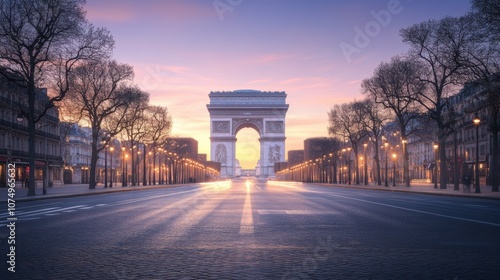 Fototapeta Naklejka Na Ścianę i Meble -  A stunning view of the Arc de Triomphe illuminated at dawn on a peaceful Parisian street lined with trees