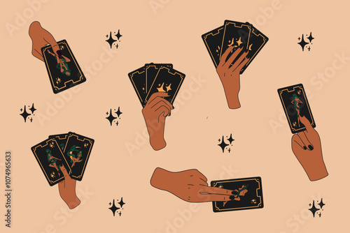 A set of hands holding tarot cards with different symbols