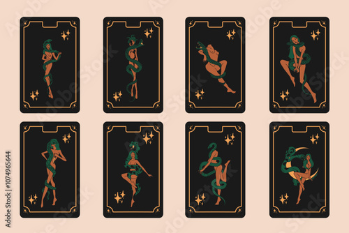 Set of tarot card with woman with a snake wrapped around her body