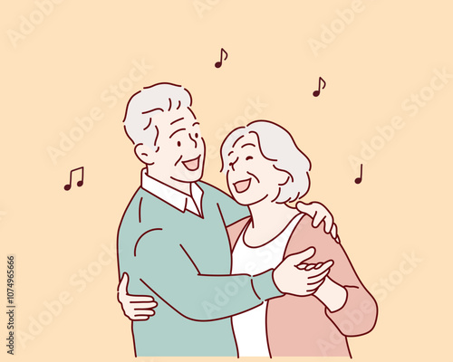 Happy senior couple dancing. Active elderly man and woman dance with fun and joy. Hand drawn style vector design illustrations.