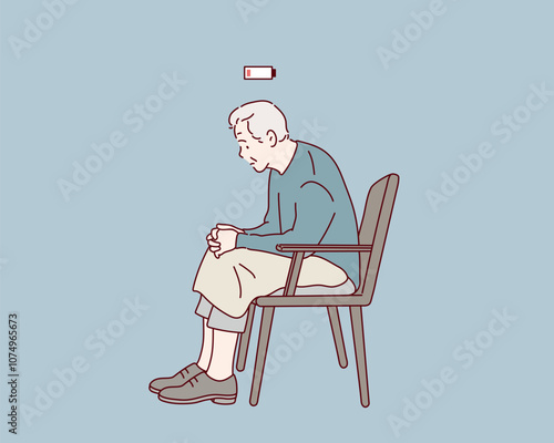 Exhausted senior man having no more energy. low battery. Hand drawn style vector design illustrations.