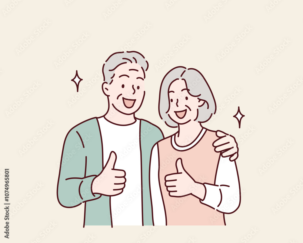 Young smiling happy old couple two friends family man woman. thumbs up. Hand drawn style vector design illustrations.