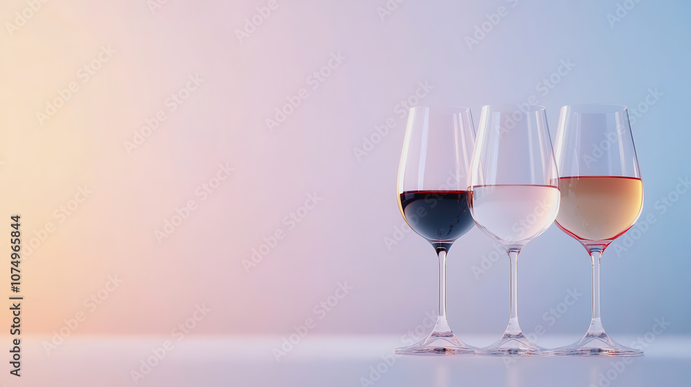 Elegant Display of Three Wine Glasses Positioned on a Smooth Gradient Background, Showcasing Red, White, and Rosé Wine for a Stunning Visual Appeal Elegant Display of Three Wine Glasses Positioned on a Smooth Gradient Background, Showcasing Red, White, and Rosé Wine for a Stunning Visual Appeal