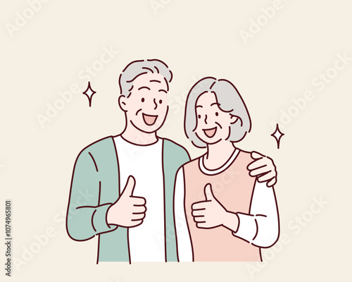 Young smiling happy old couple two friends family man woman. thumbs up. Hand drawn style vector design illustrations.