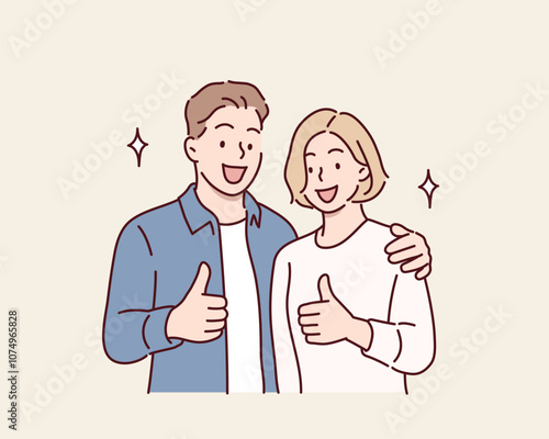 Young smiling happy couple two friends family man woman. thumbs up. Hand drawn style vector design illustrations.
