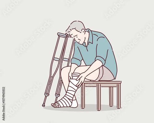 Disability and health problem concept.  Disabled person senior man sitting with crutches. Hand drawn style vector design illustrations.