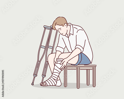 Disability and health problem concept. Young Disabled person man sitting with crutches. Hand drawn style vector design illustrations.