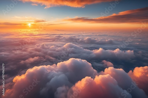 Fototapeta Naklejka Na Ścianę i Meble -  A sunset sky scene with realistic clouds illuminated in vibrant orange hues 