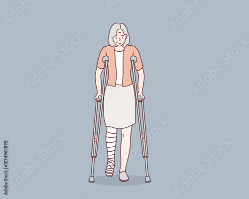 Injured senior woman with leg in plaster using crutches. Hand drawn style vector design illustrations.