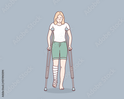 Injured woman with leg in plaster using crutches. Hand drawn style vector design illustrations.