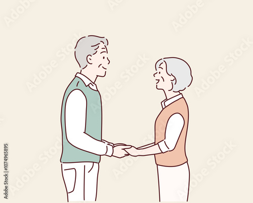 senior man and senior woman holding hands. Hand drawn style vector design illustrations.