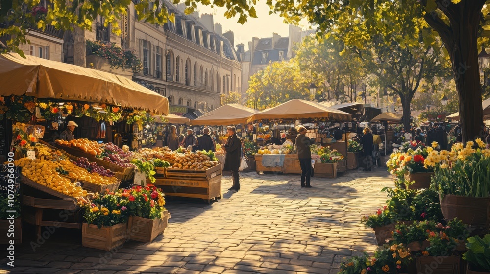 Obraz premium A bustling morning at a charming local French market filled with fresh produce and vibrant flowers