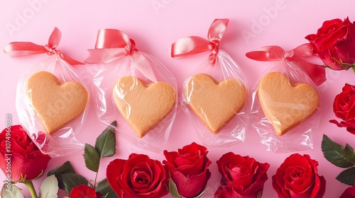 Valentine s Day Cookies with Red Roses on Pink Background