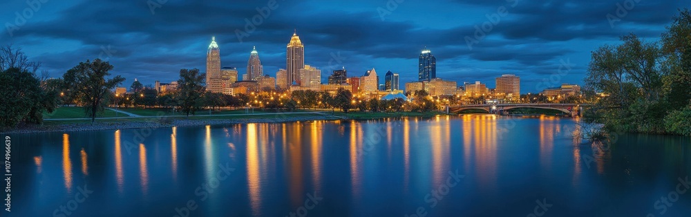 Naklejka premium Breathtaking evening view of Indianapolis skyline reflecting in the water, showcasing city lights and serene nature