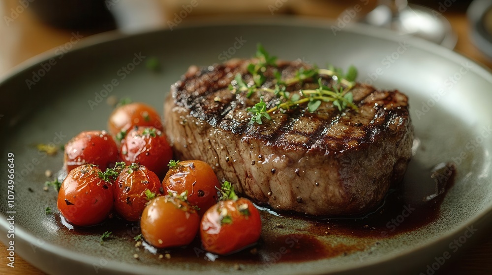 a delicious beef steak plated elegantly in a fine restaurant, paired with a glass of wine, creates an inviting atmosphere for a gourmet dining experience a delicious beef steak plated elegantly in a fine restaurant, paired with a glass of wine, creates an inviting atmosphere for a gourmet dining experience