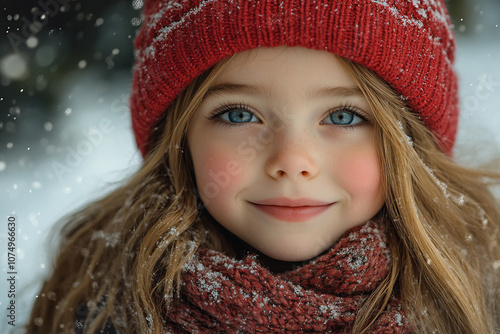 Generative AI image of a child with blue eyes waiting for Christmas gifts, surrounded by festive lights and holiday anticipation