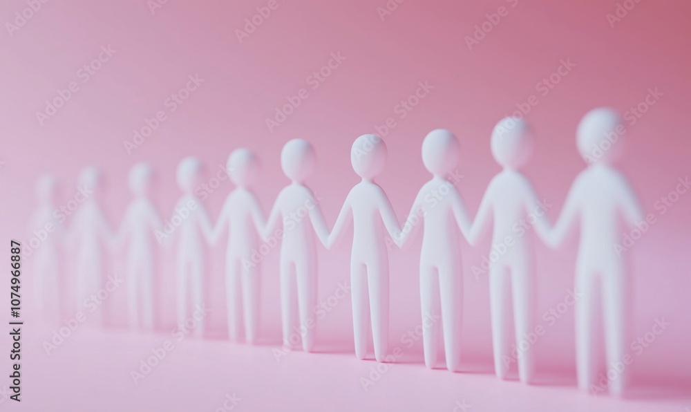 Paper figures holding hands, unity, teamwork, pink background Paper figures holding hands, unity, teamwork, pink background