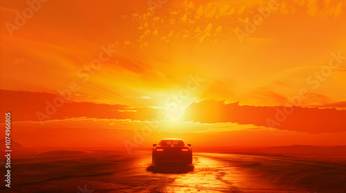 A car driving away into a blinding sunset with a vibrant background