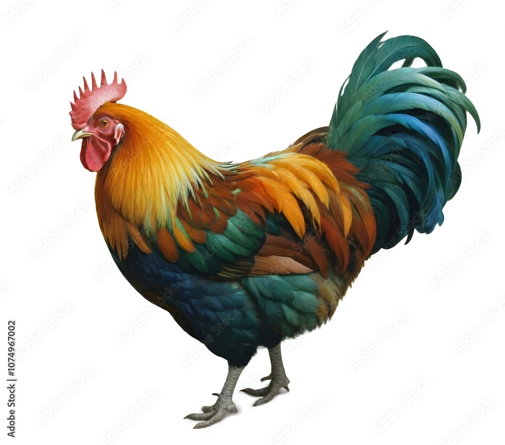 Fototapeta premium A colorful rooster with vibrant feathers in shades