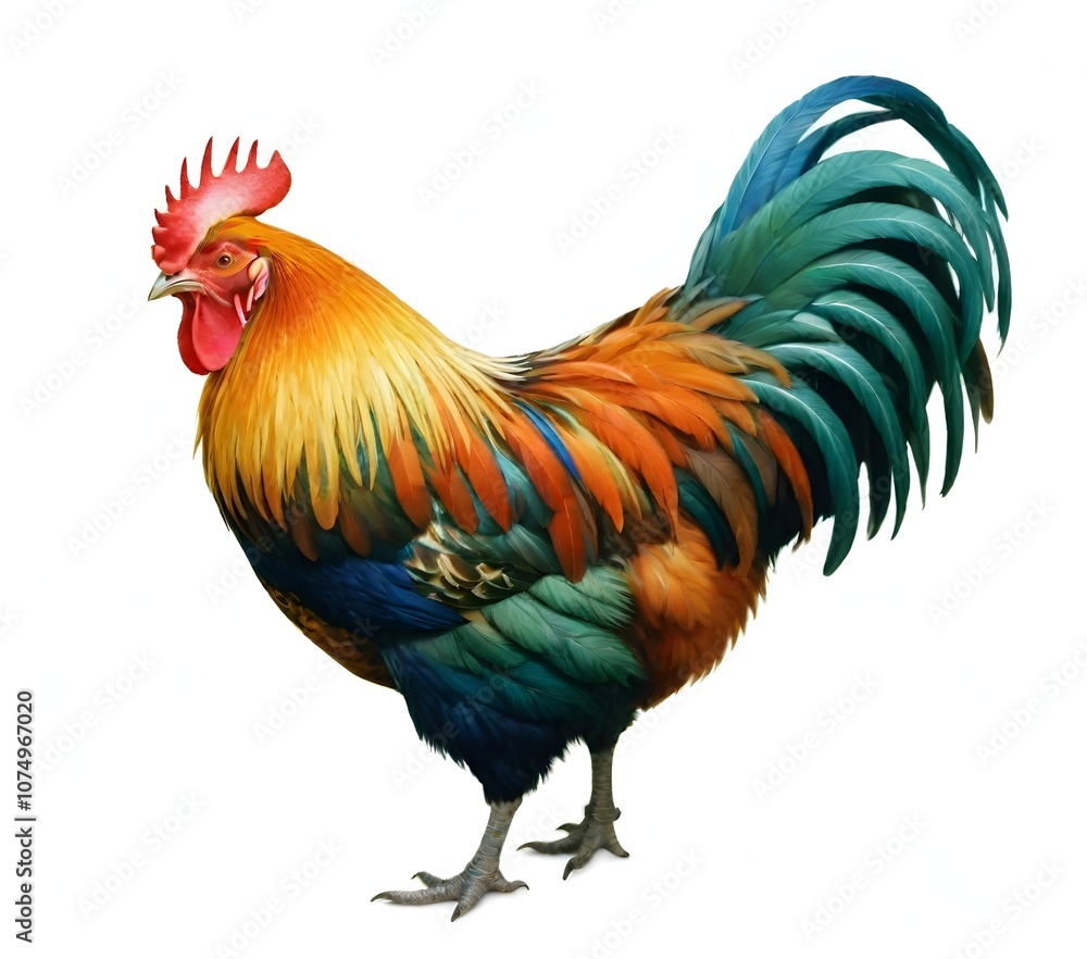 Fototapeta premium A colorful rooster with vibrant feathers in shades