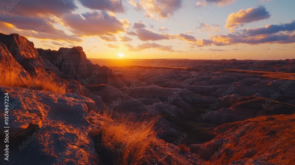 Stunning sunset over the rugged Badlands landscape showcasing unique rock formations and vast skies in South Dakota Stunning sunset over the rugged Badlands landscape showcasing unique rock formations and vast skies in South Dakota