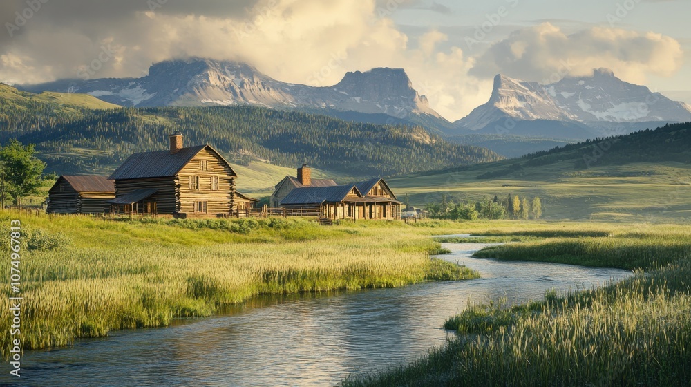 A majestic view of Chief Mountain surrounded by lush fields, tranquil waters, and rustic cabins in the early morning light A majestic view of Chief Mountain surrounded by lush fields, tranquil waters, and rustic cabins in the early morning light