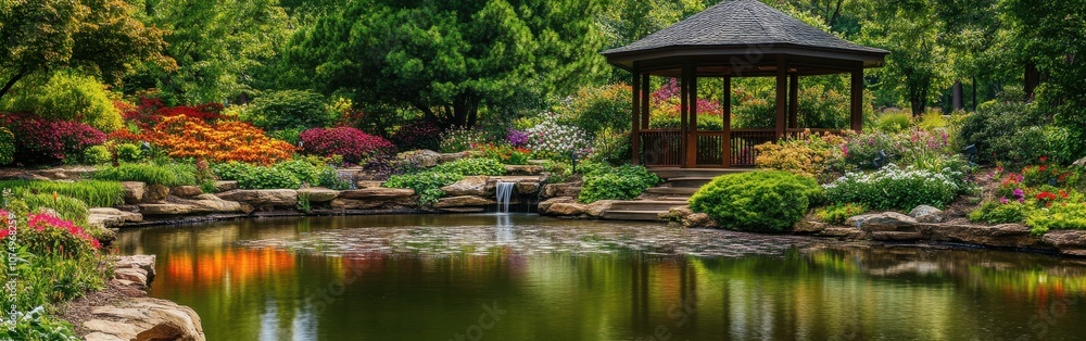 A serene view of the Powell Park gardens showcasing vibrant flowers and a tranquil pond framed by lush greenery in early spring A serene view of the Powell Park gardens showcasing vibrant flowers and a tranquil pond framed by lush greenery in early spring