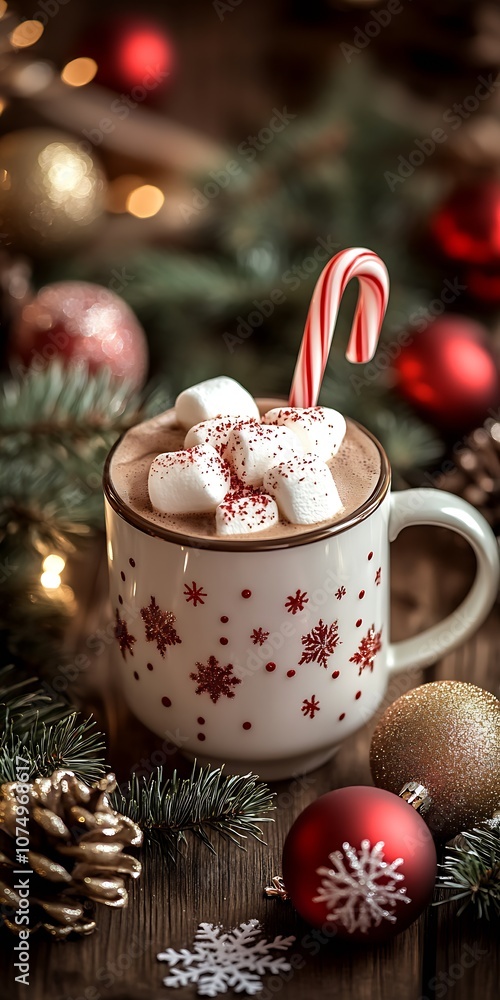 Christmas hot chocolate with candy cane and marshmallows in starry festive mug : Generative AI Christmas hot chocolate with candy cane and marshmallows in starry festive mug : Generative AI