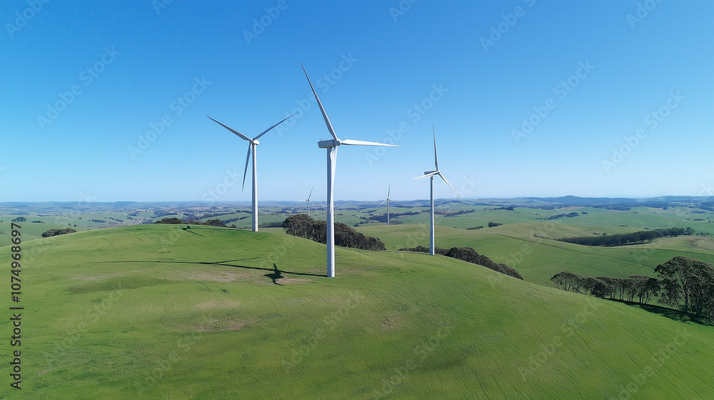 Fototapeta premium Wind turbines in a green hilly landscape representing sustainable energy and environmental harmony. Symbol of renewable energy in a serene natural setting.