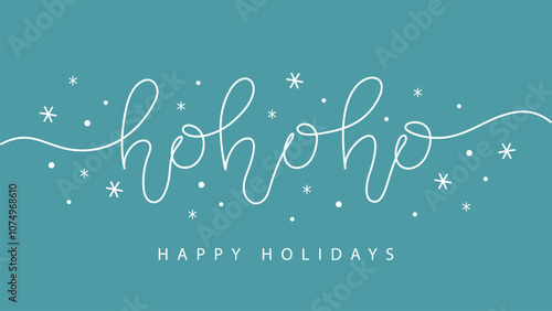 hohoho lettering in line art style, christmas banner with hand drawn letters and snowflakes on blue background, isolated vector illustration, one continuous line,design for cards,poster,wallpaper