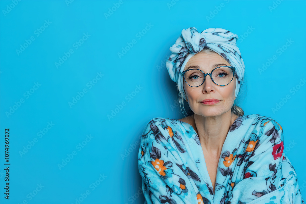 A relaxed woman in a floral robe and turban smiles softly against a blue background, showcasing a serene morning vibe. Generative AI A relaxed woman in a floral robe and turban smiles softly against a blue background, showcasing a serene morning vibe. Generative AI