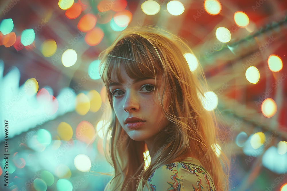 Generative AI Image of Young Woman at Retro Summer Fair with Ferris Wheel and Sunlit Background Generative AI Image of Young Woman at Retro Summer Fair with Ferris Wheel and Sunlit Background