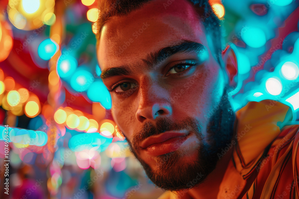 Generative AI Image of Young people friends Woman Man Enjoying Summer Fair with Colorful Amusement Park Background Generative AI Image of Young people friends Woman Man Enjoying Summer Fair with Colorful Amusement Park Background