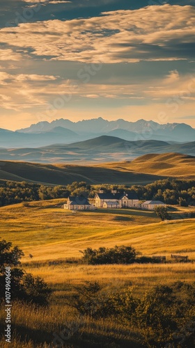 Stunning sunset view of Fort Union Trading Post set against rolling hills and distant mountains