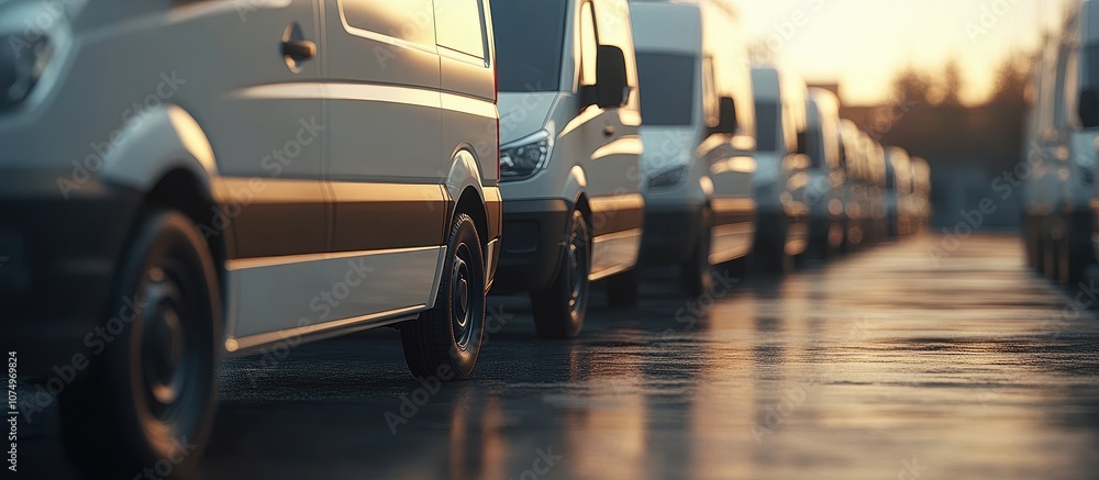 ** Fleet of Modern Delivery Vans Parked in a Row at Sunset with Reflections on Wet Asphalt in Urban Setting..** ** Fleet of Modern Delivery Vans Parked in a Row at Sunset with Reflections on Wet Asphalt in Urban Setting..**