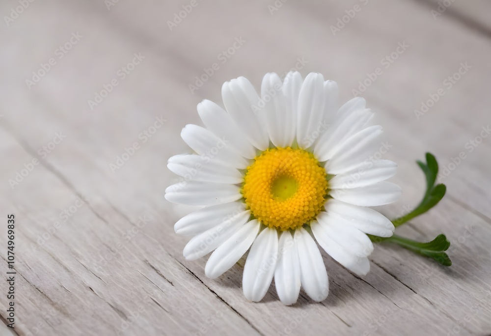 Obraz premium A white daisy flower with a yellow center on a wooden surface