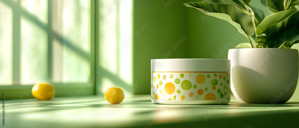 A vibrant green setting featuring a decorative container and a plant, perfect for wellness and relaxation themes. A vibrant green setting featuring a decorative container and a plant, perfect for wellness and relaxation themes.
