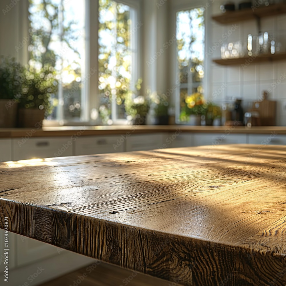 Close-up of a rustic wooden kitchen counter with sunlight streaming in. Close-up of a rustic wooden kitchen counter with sunlight streaming in.